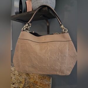 Coach Beige Signature Embossed Leather Shoulder Bag